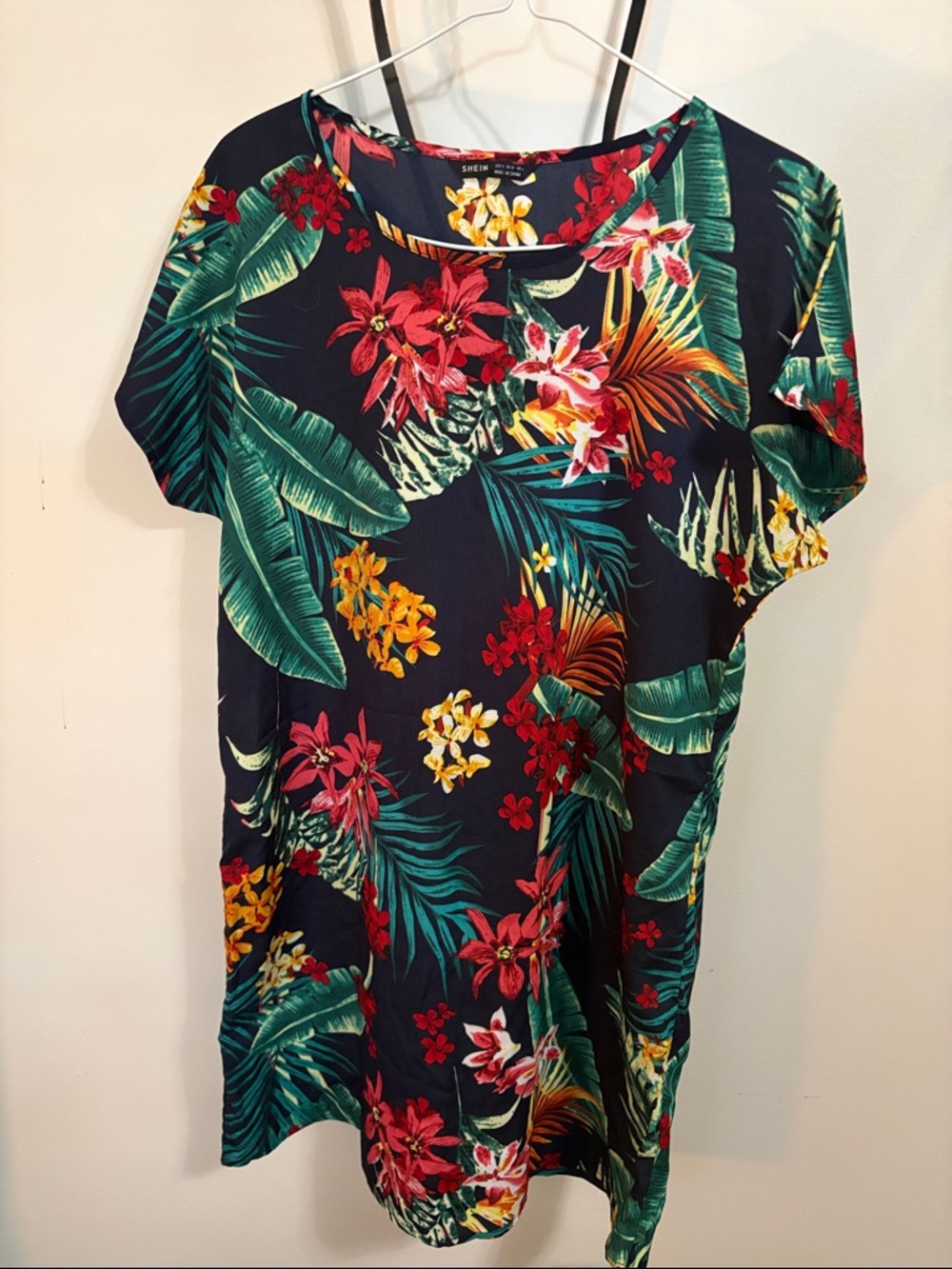SHEIN Navy Floral Shift Dress with Yellow & Red Accents
